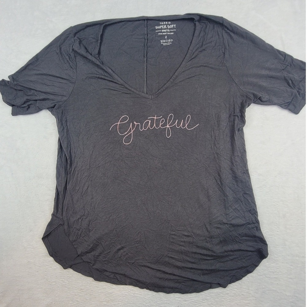 Torrid Super Soft Knits Grateful Graphic Tee Gray V-Neck Short Sleeve Top Size 2
